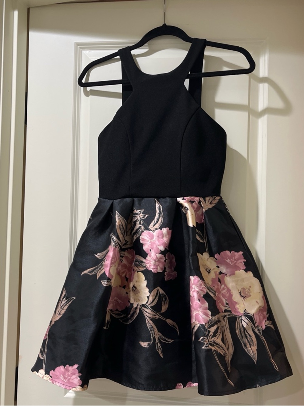 Crystal Doll Black Floral Fit-and-Flare Dress with Pink and Cream Flowers